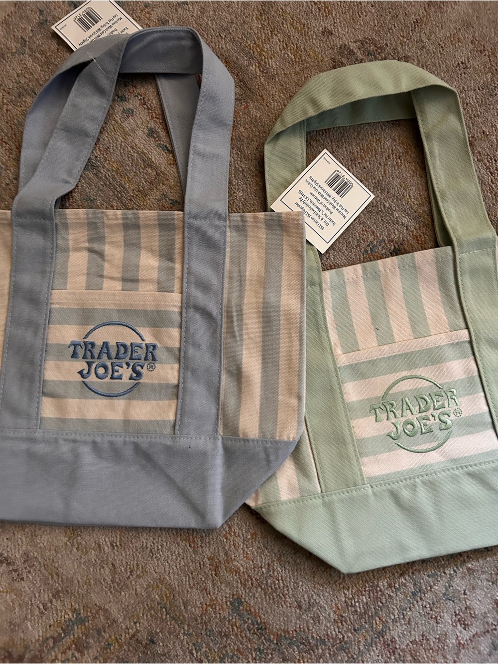 Striped Canvas Tote Bag - Sage Green and Dusty Blue